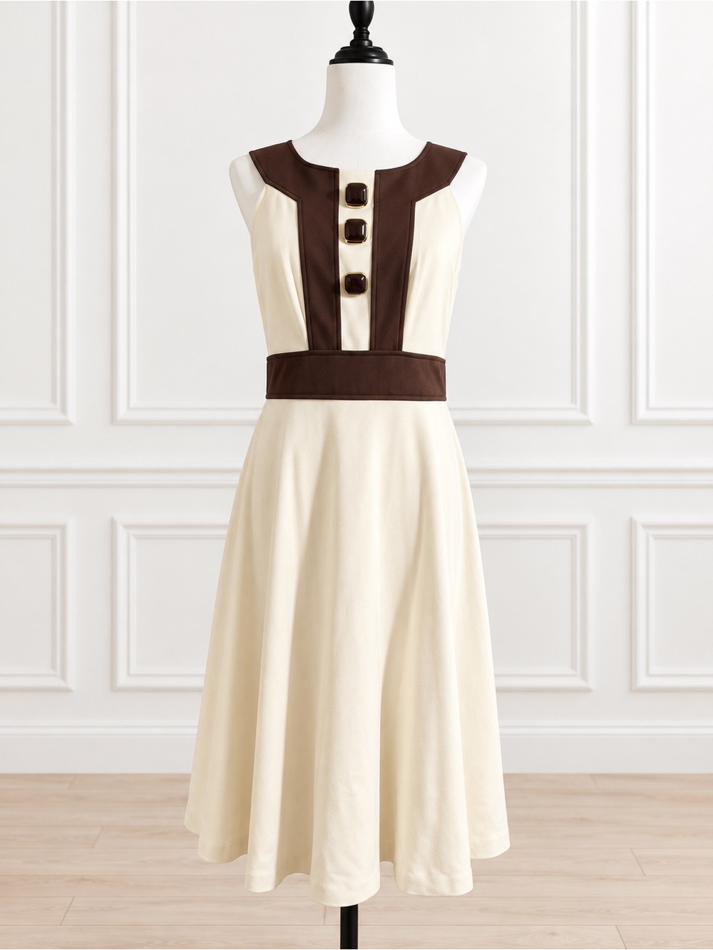 Nine West Size 8 Cream Brown Colorblock Fit & Flare Dress Retro Mod